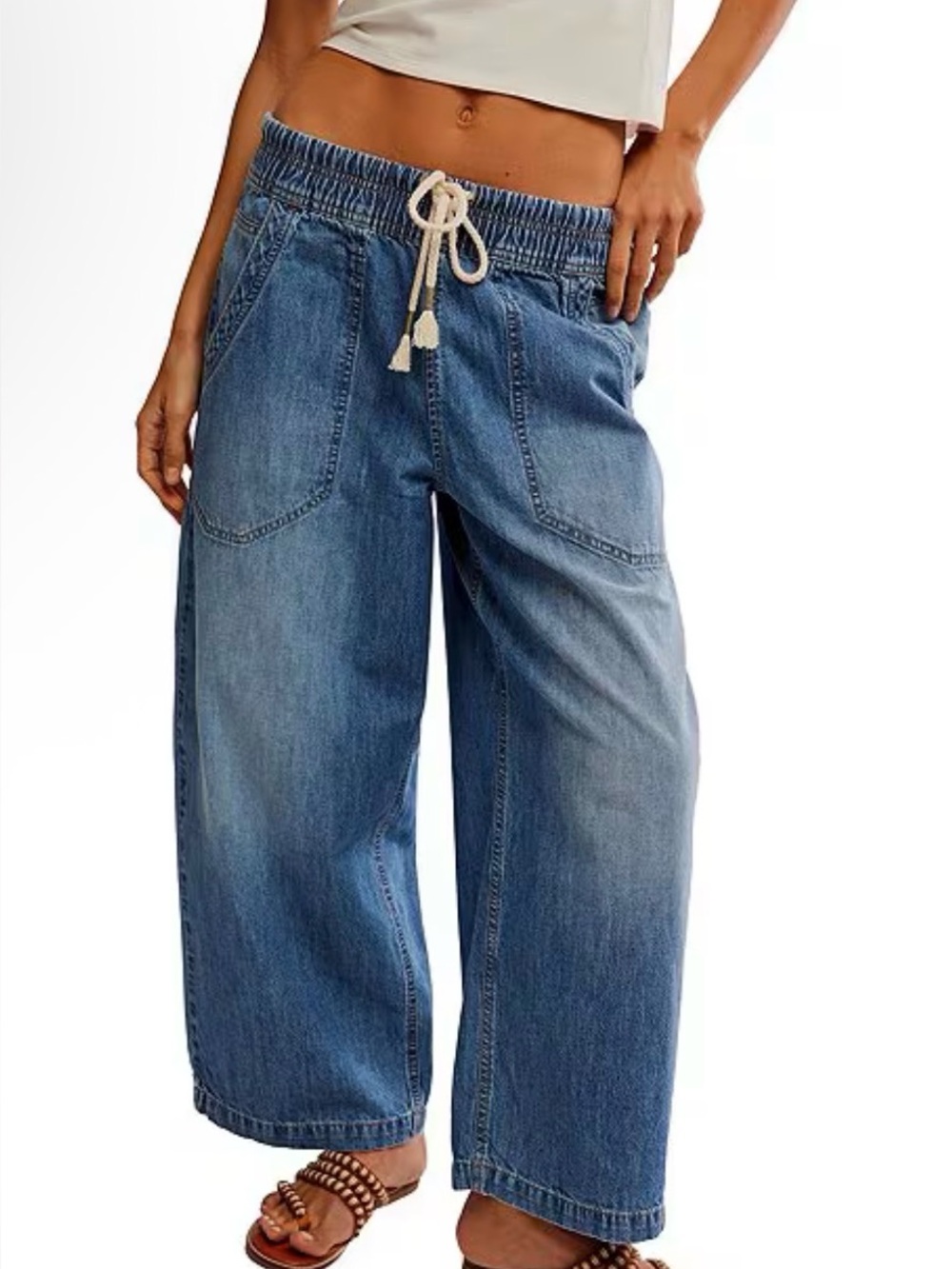 Free people We The Free Relaxed Wide-Leg Jeans in Blue with Drawstring